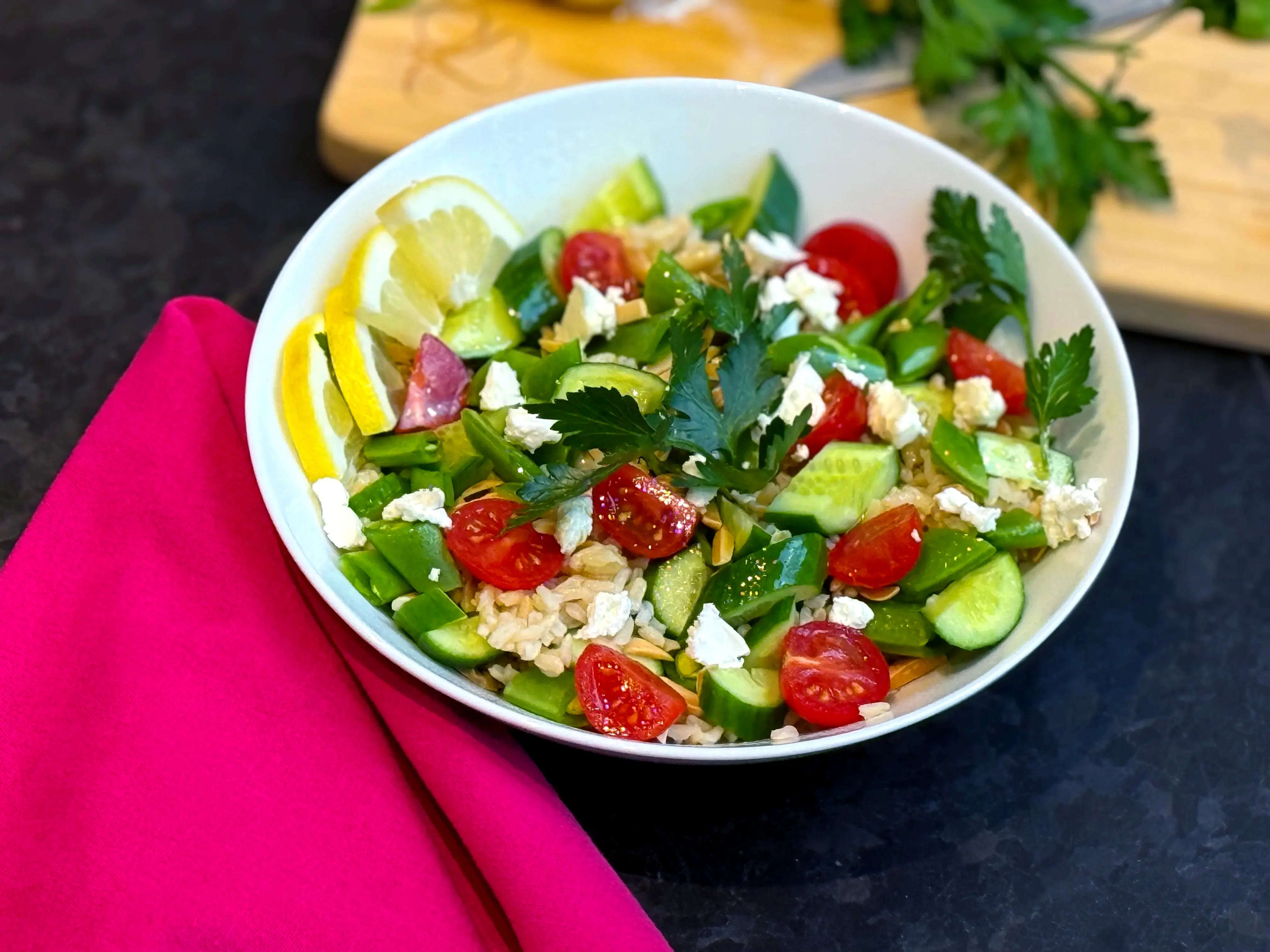Lemony Brown Rice Salad with Snap Peas and Herbs
