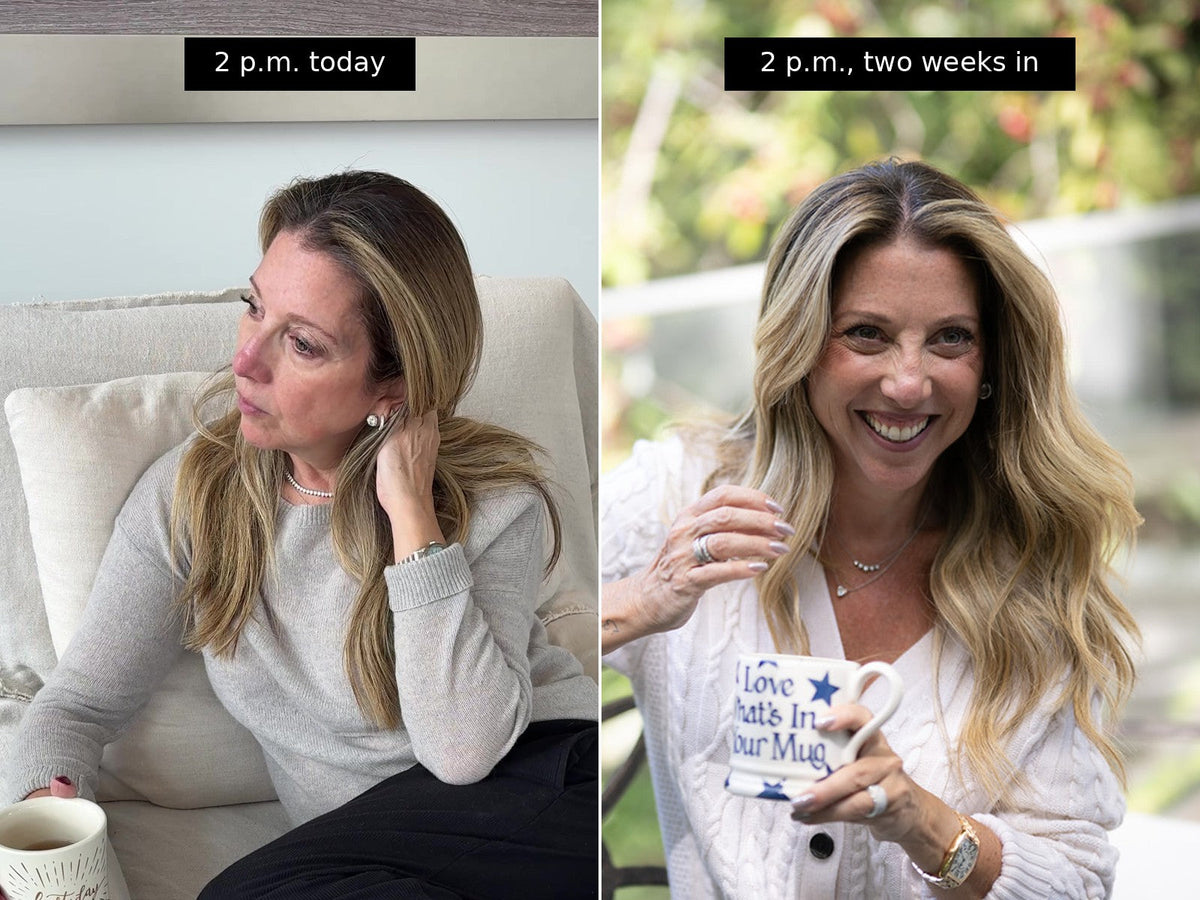 Stephanie Valentine tired at 2 p.m. beside a photo of her smiling with a mug two weeks into The Energy Reset