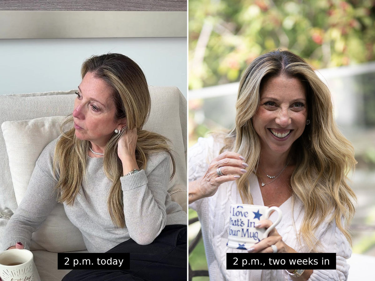 Stephanie Valentine tired at 2 p.m. beside a photo of her smiling with a mug two weeks into The Energy Reset