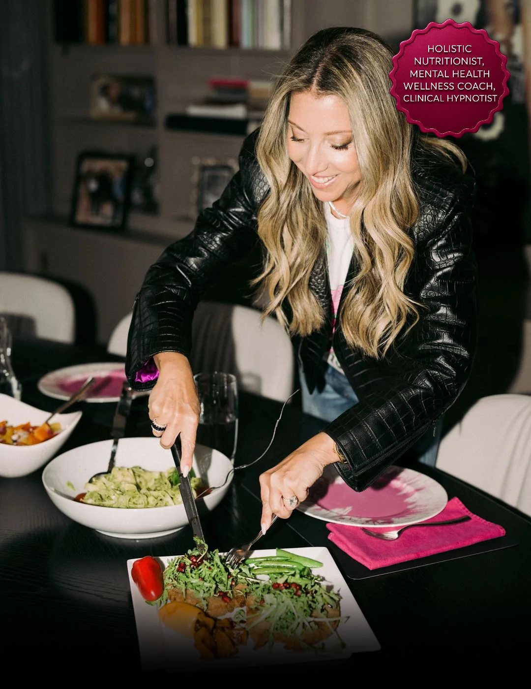 Stephanie Valentine serving dinner at her dining table